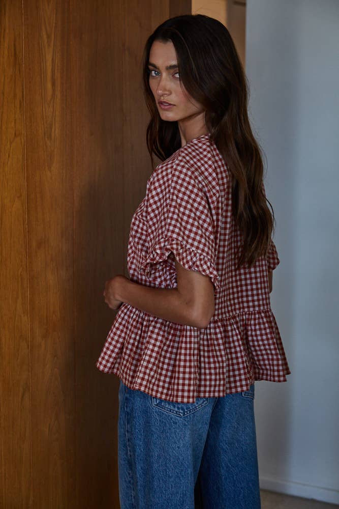Woven Cotton Gingham Ruffle Top