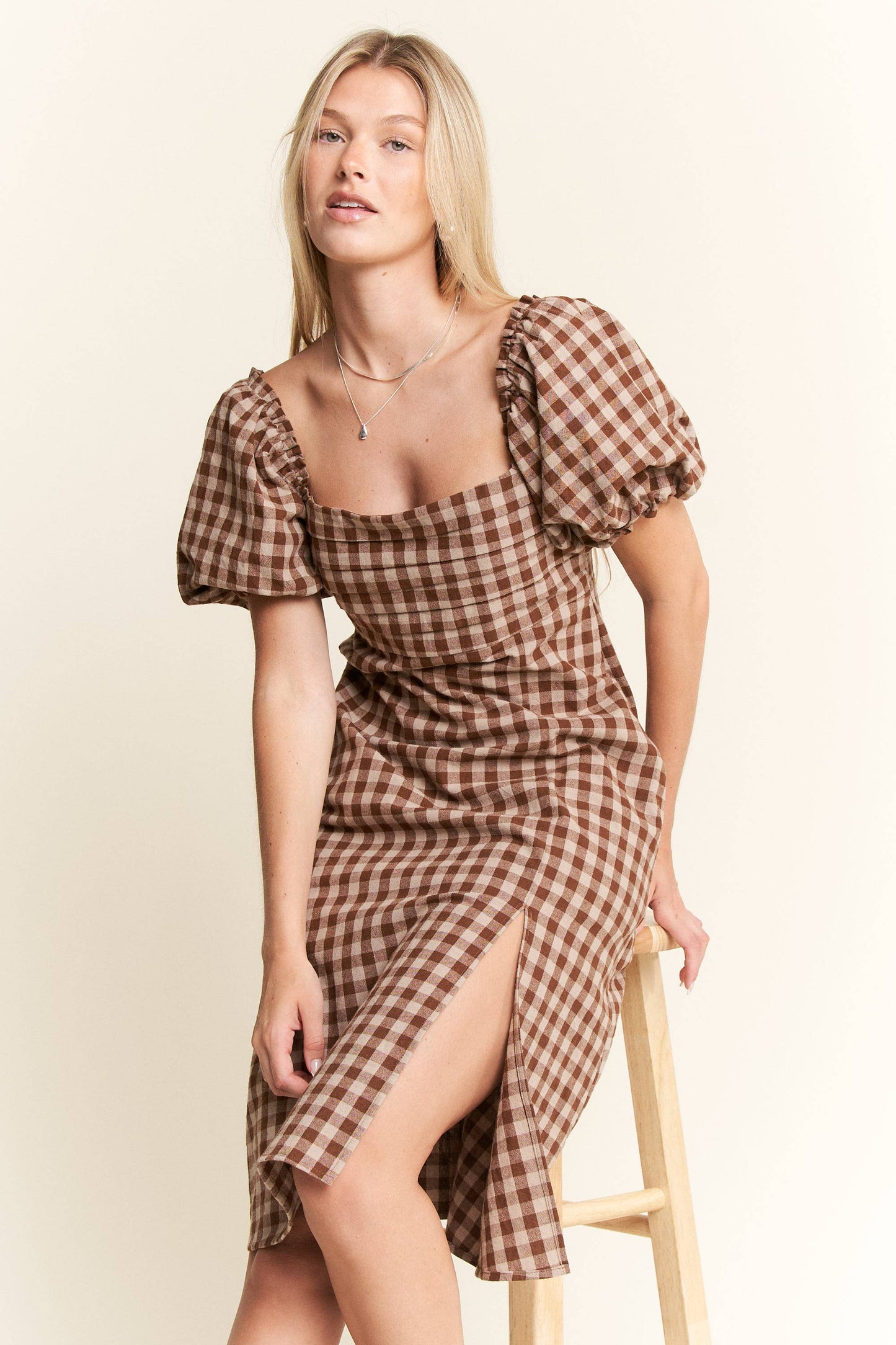 Gingham Print Puff Sleeve Dress