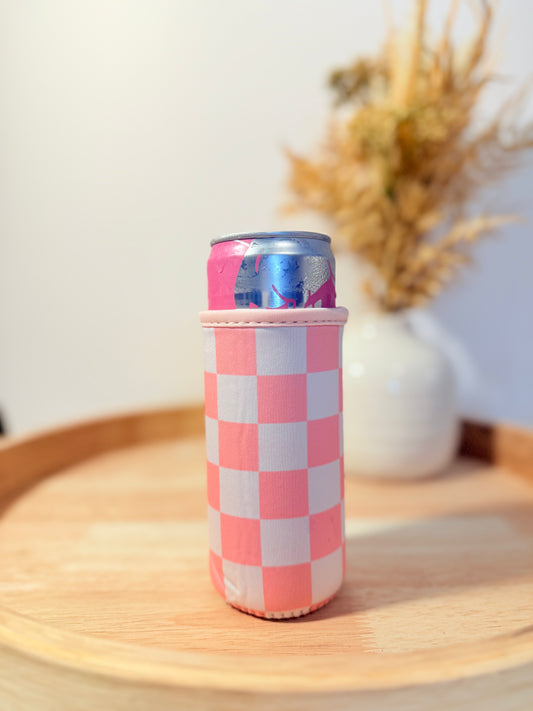 Pink Checkerboard Slim Can Sleeve