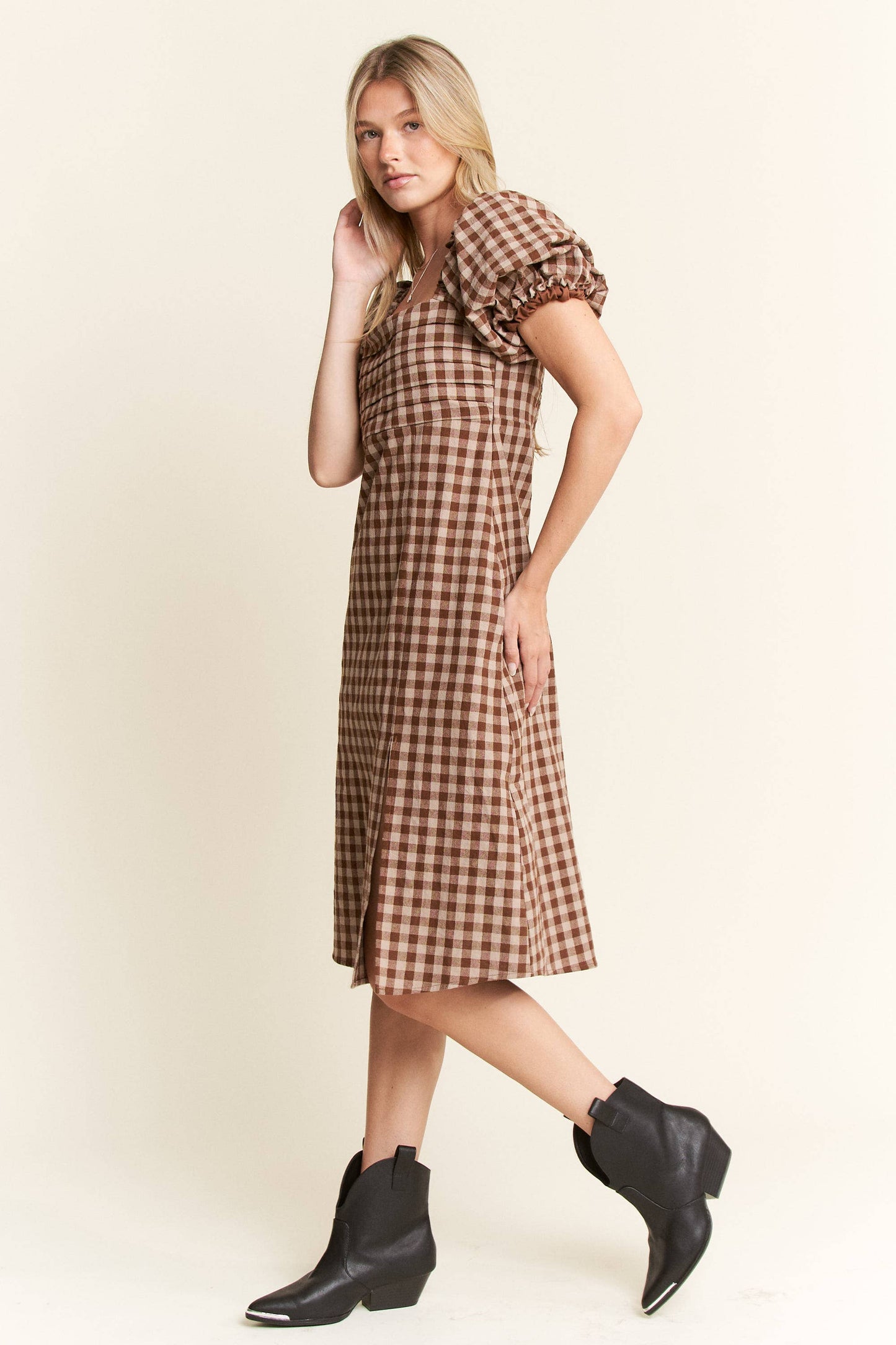 Gingham Print Puff Sleeve Dress