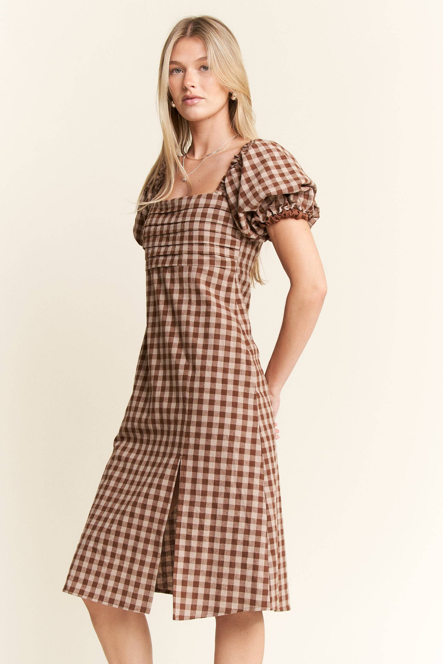 Gingham Print Puff Sleeve Dress