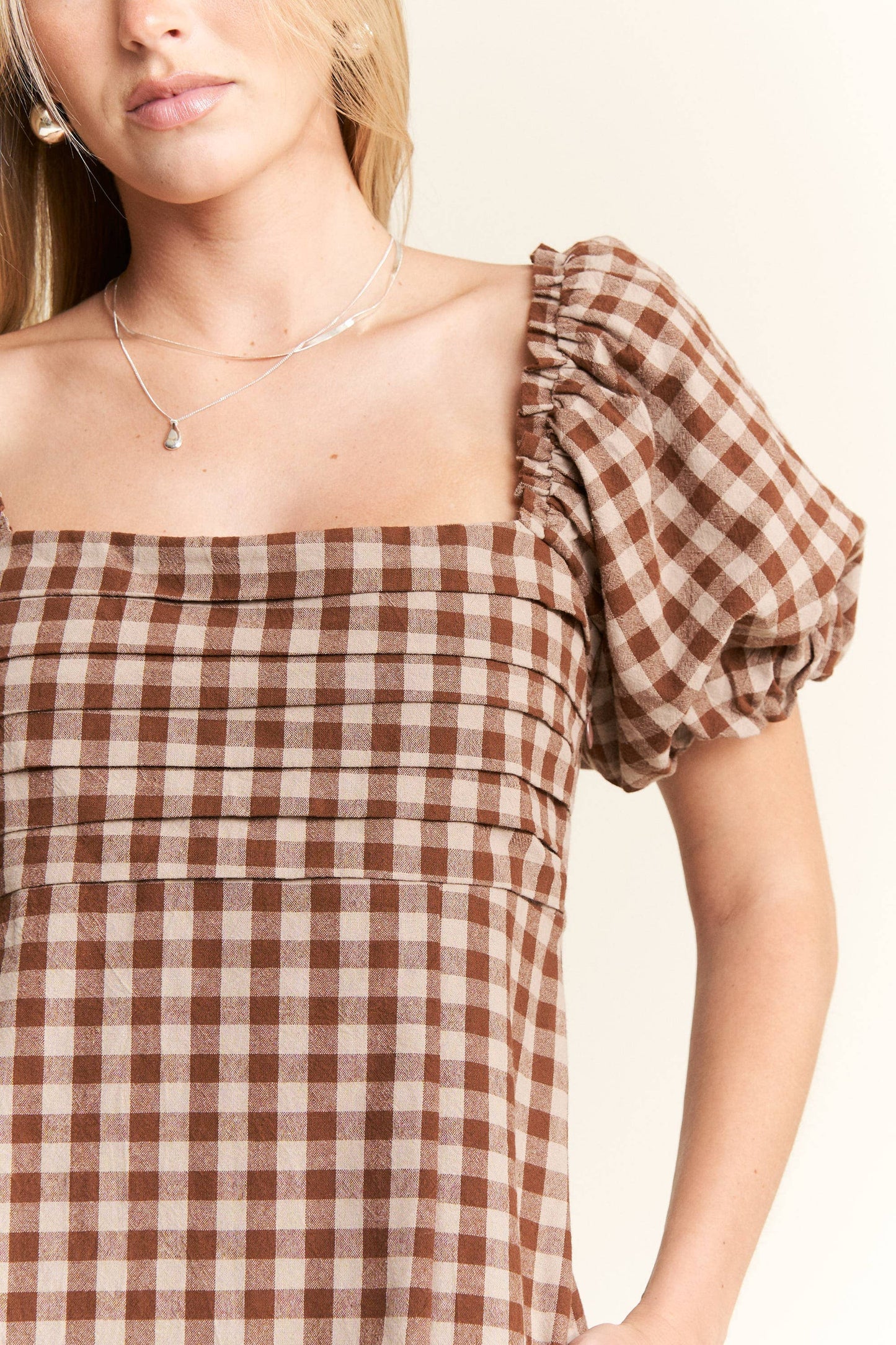 Gingham Print Puff Sleeve Dress