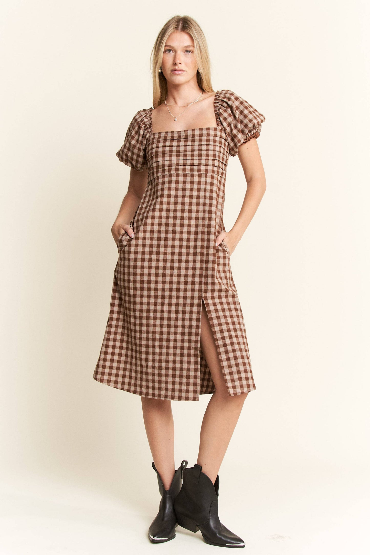 Gingham Print Puff Sleeve Dress