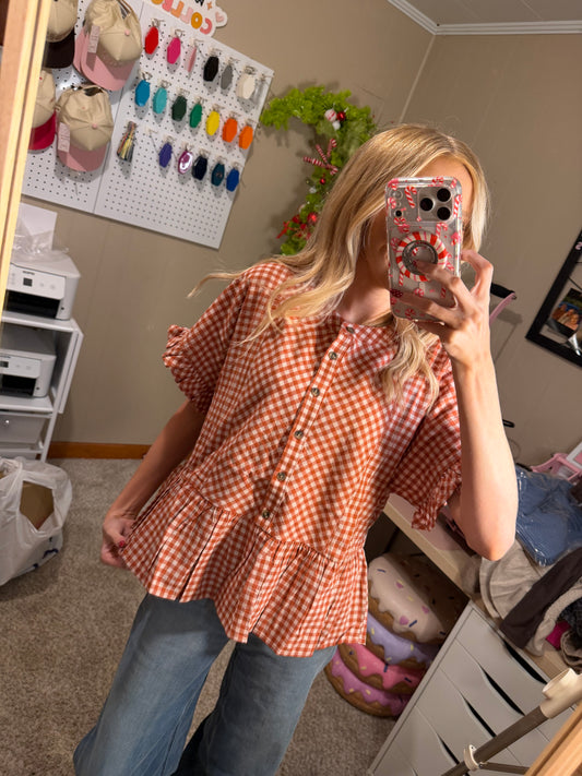 Woven Cotton Gingham Ruffle Top