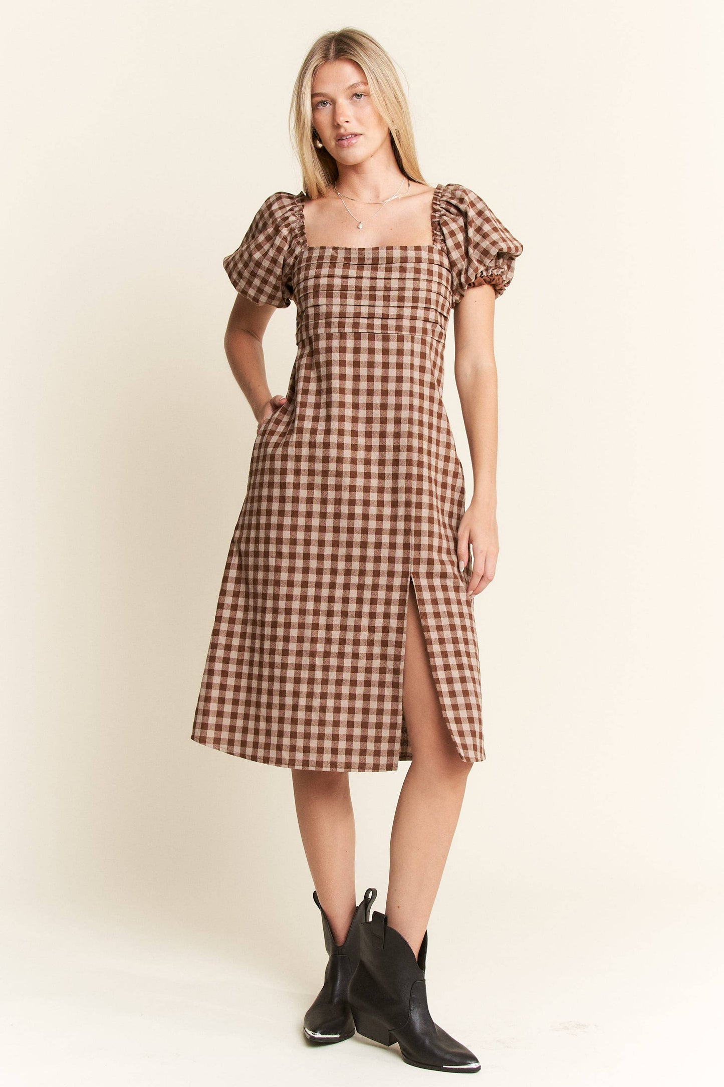 Gingham Print Puff Sleeve Dress