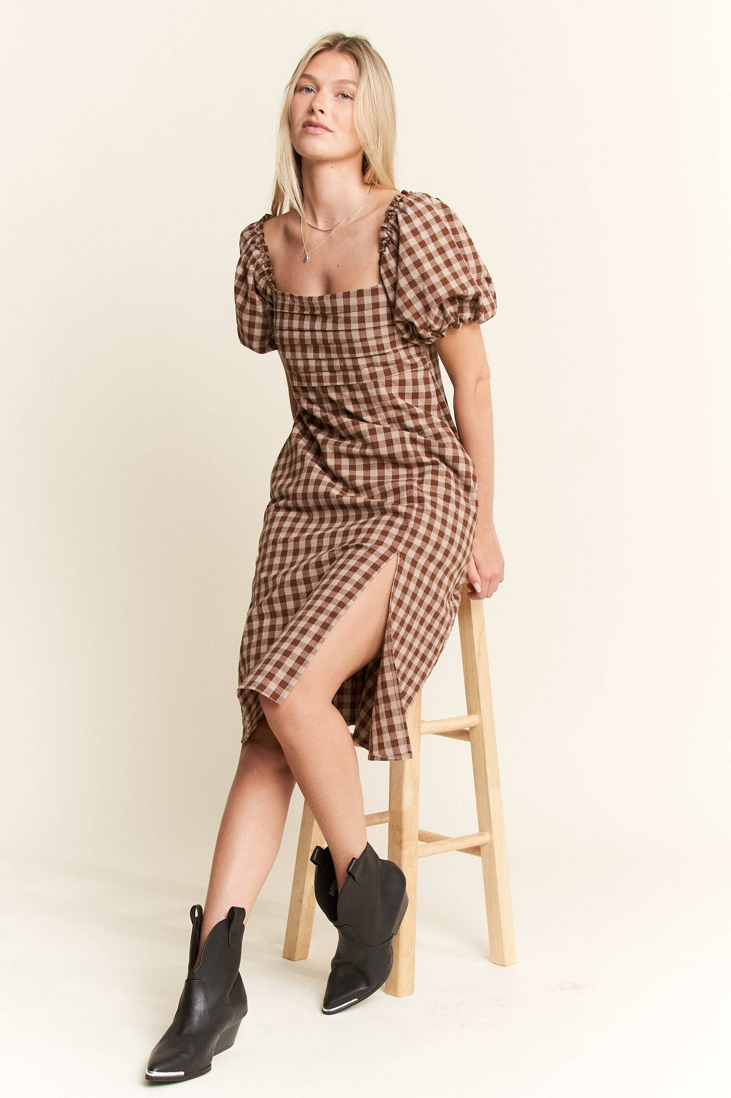 Gingham Print Puff Sleeve Dress