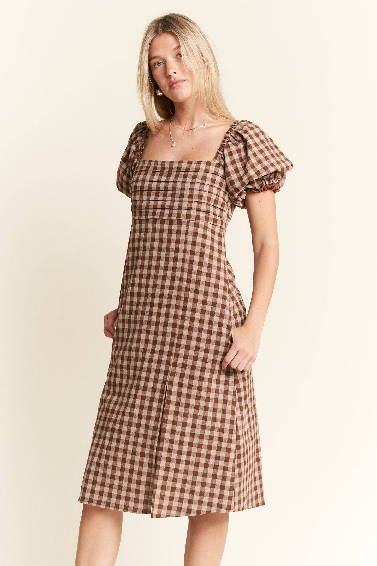 Gingham Print Puff Sleeve Dress