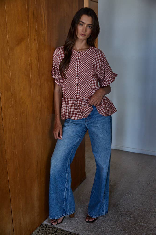 Woven Cotton Gingham Ruffle Top