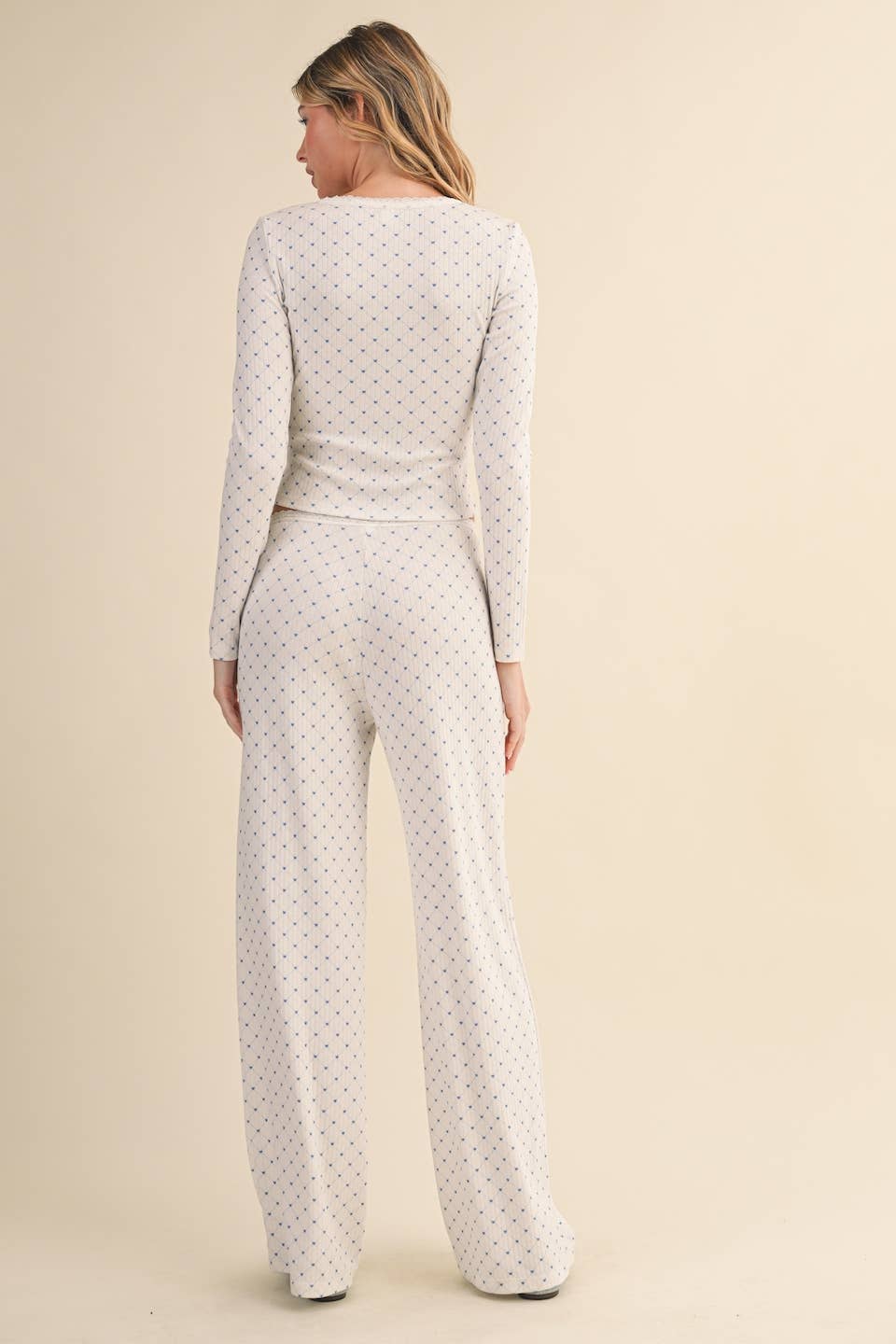 Heart Print Pointelle Lounge Set with Picot Lace Trim