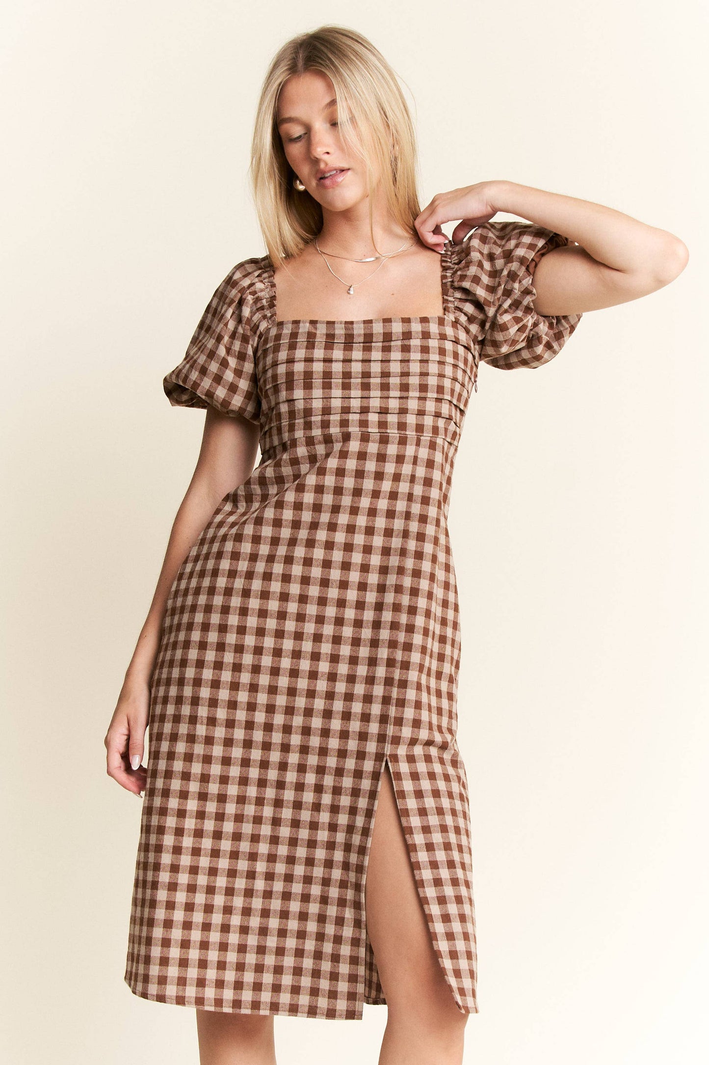 Gingham Print Puff Sleeve Dress