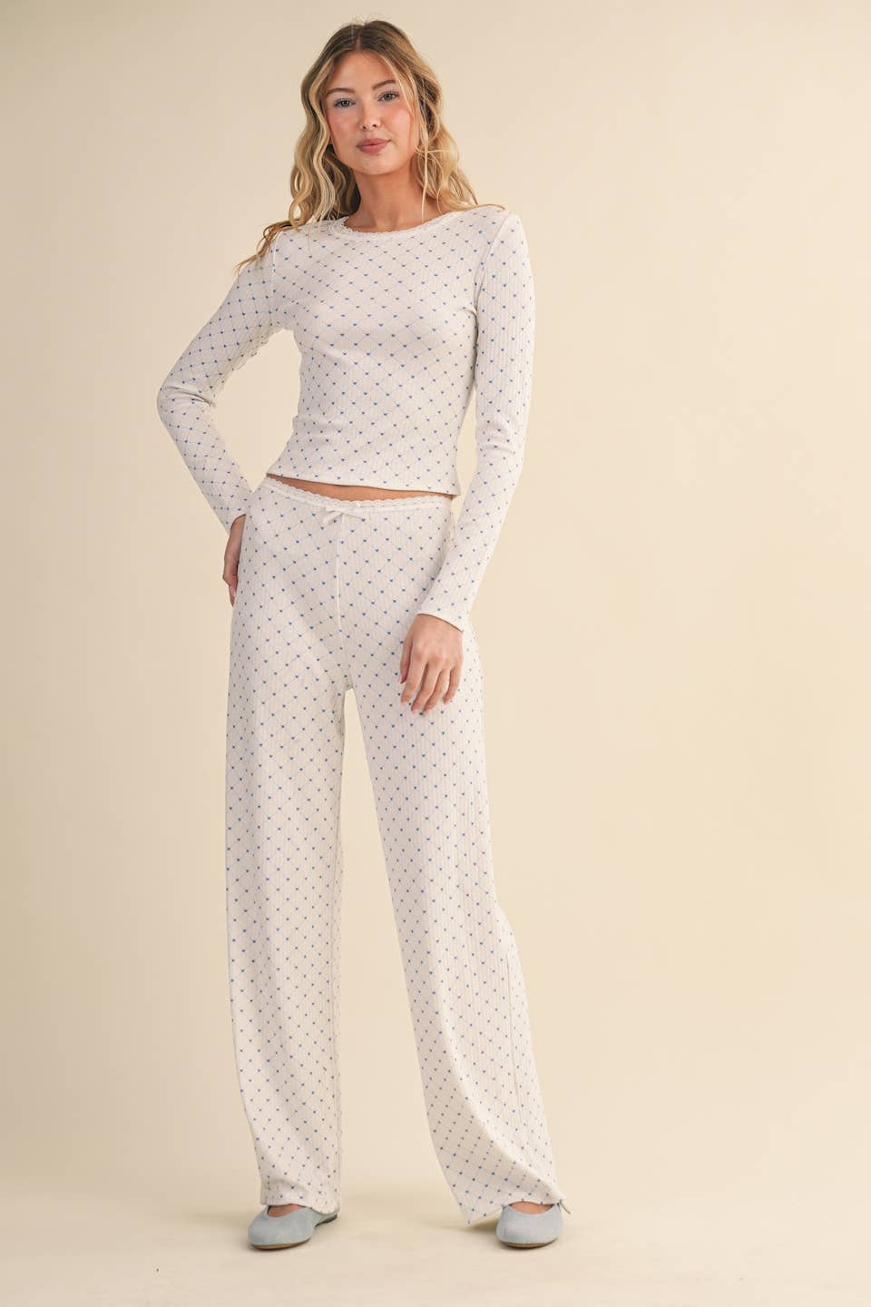 Heart Print Pointelle Lounge Set with Picot Lace Trim