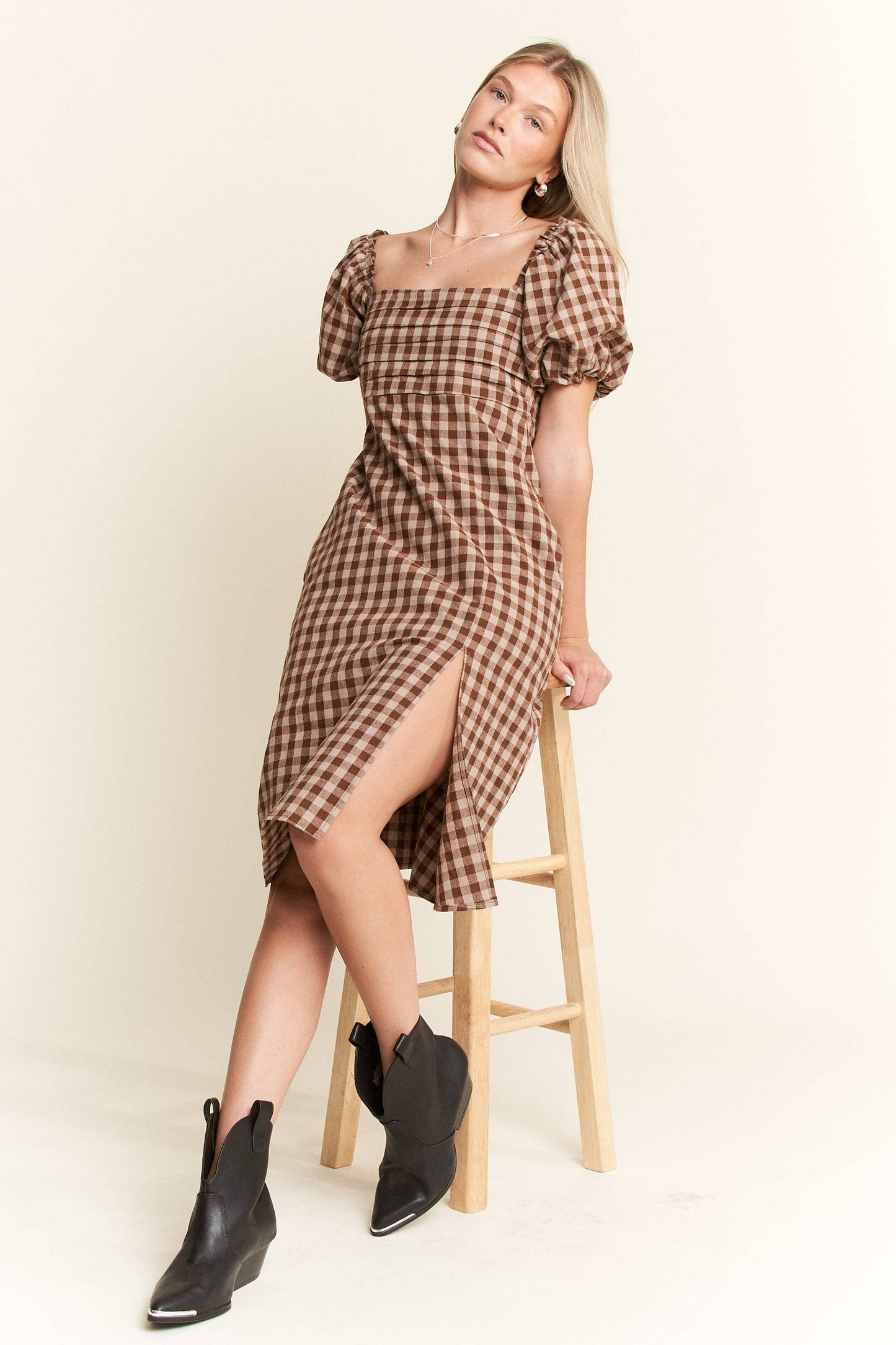 Gingham Print Puff Sleeve Dress