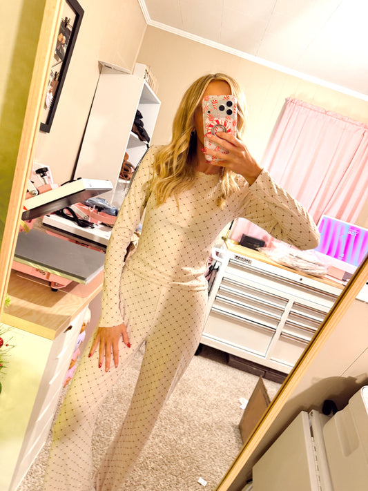 Heart Print Pointelle Lounge Set with Picot Lace Trim