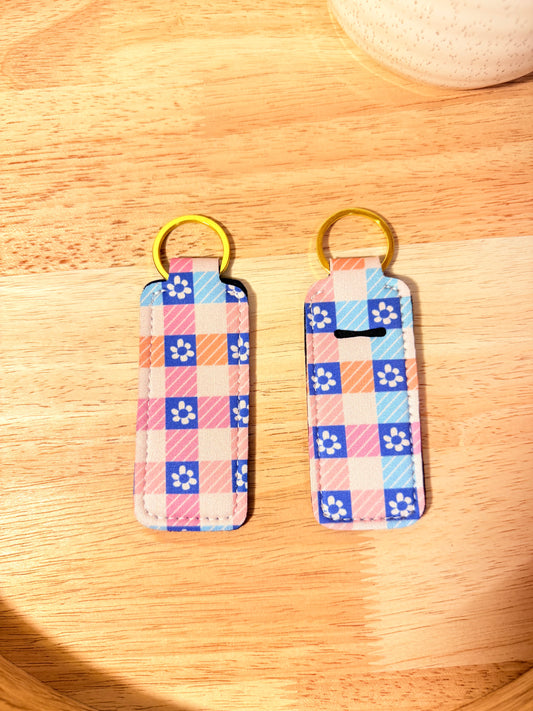 Blue Plaid & Flowers Chapstick Keychain