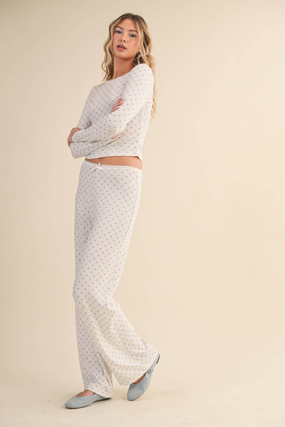 Heart Print Pointelle Lounge Set with Picot Lace Trim