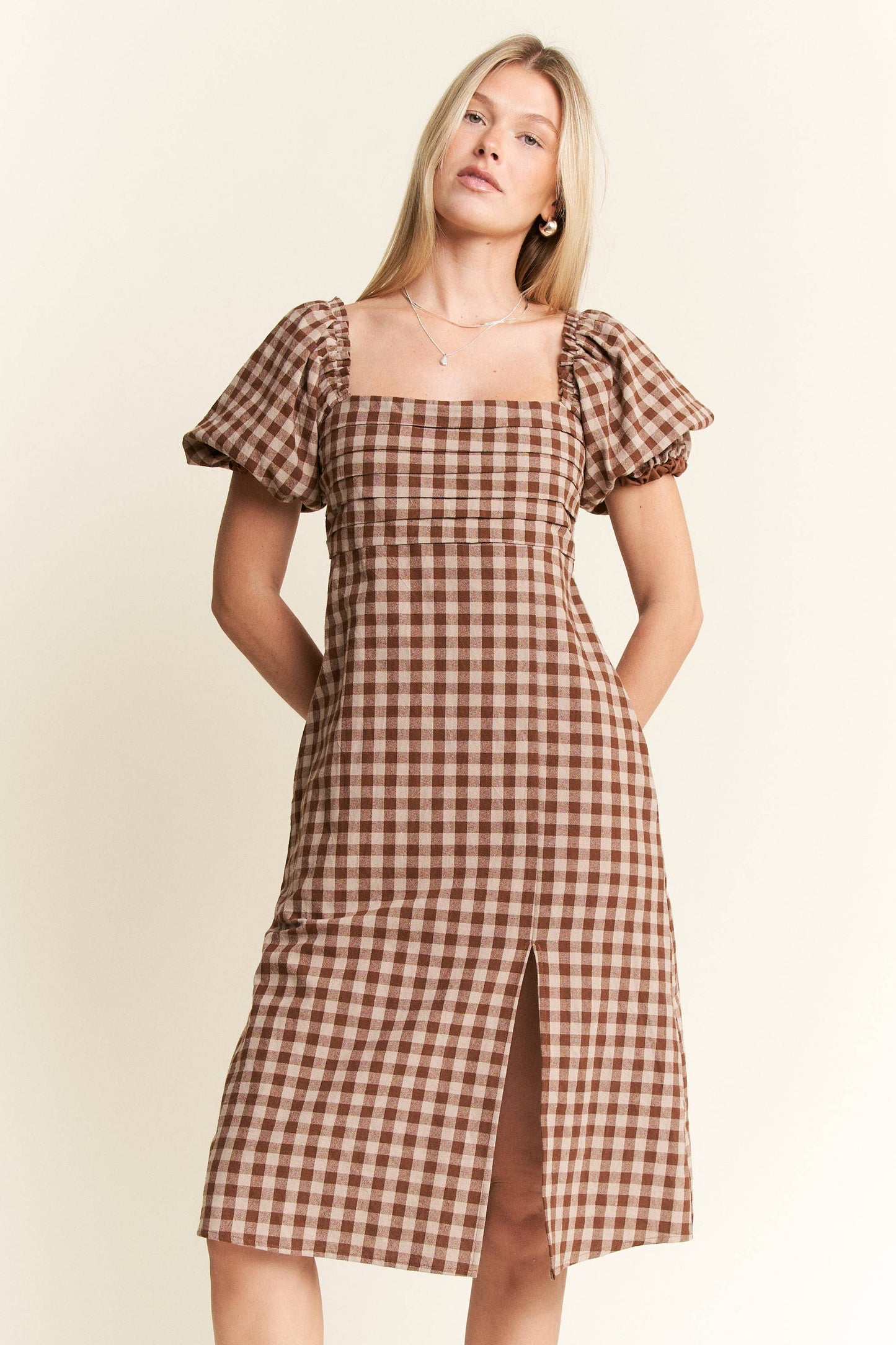 Gingham Print Puff Sleeve Dress