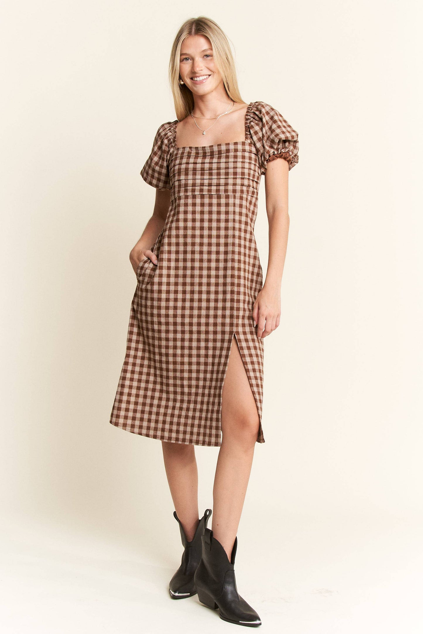 Gingham Print Puff Sleeve Dress