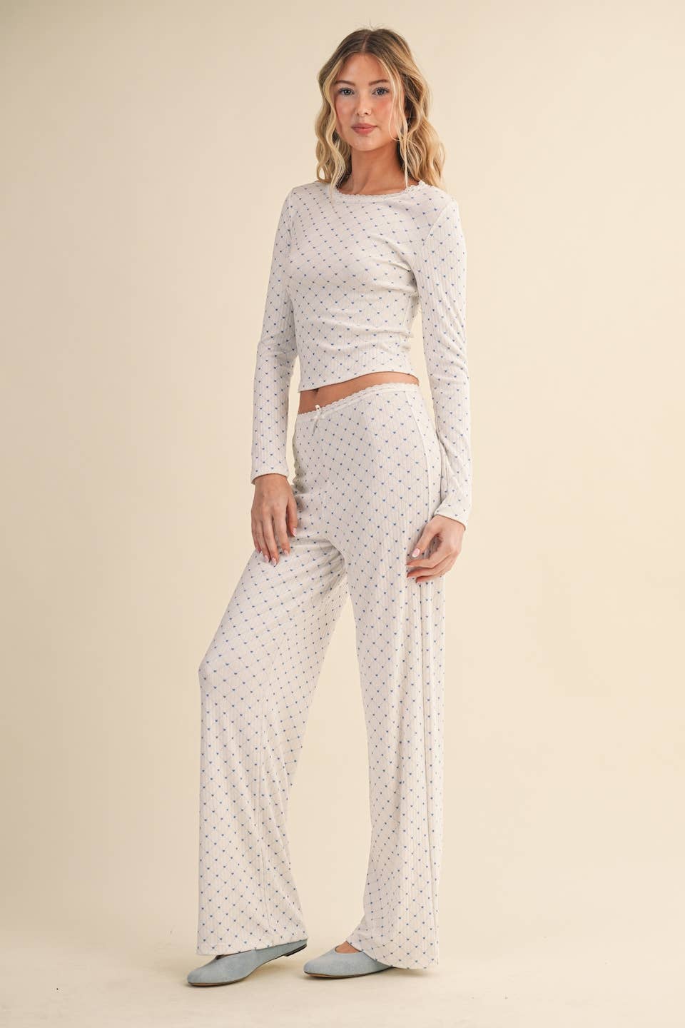 Heart Print Pointelle Lounge Set with Picot Lace Trim