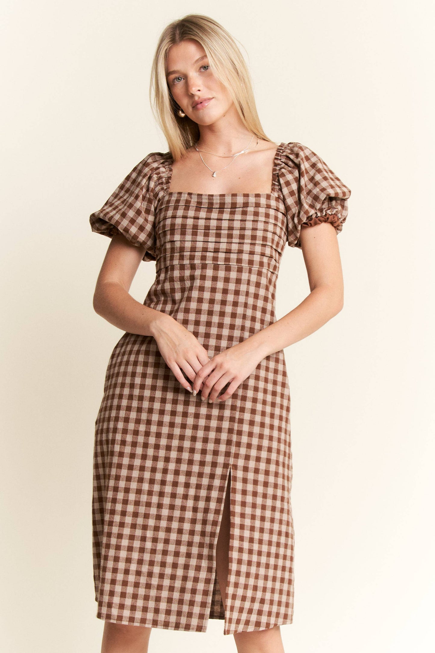 Gingham Print Puff Sleeve Dress