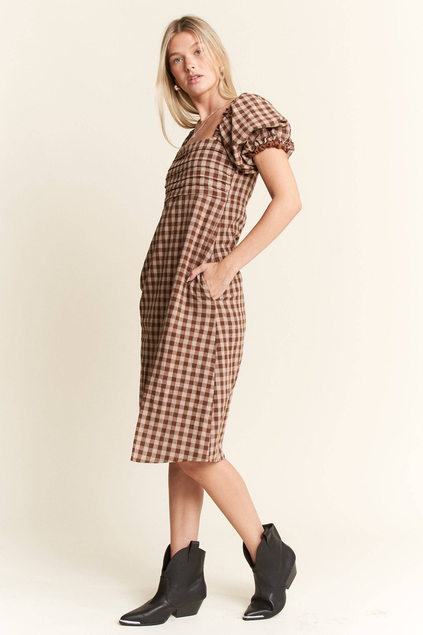 Gingham Print Puff Sleeve Dress