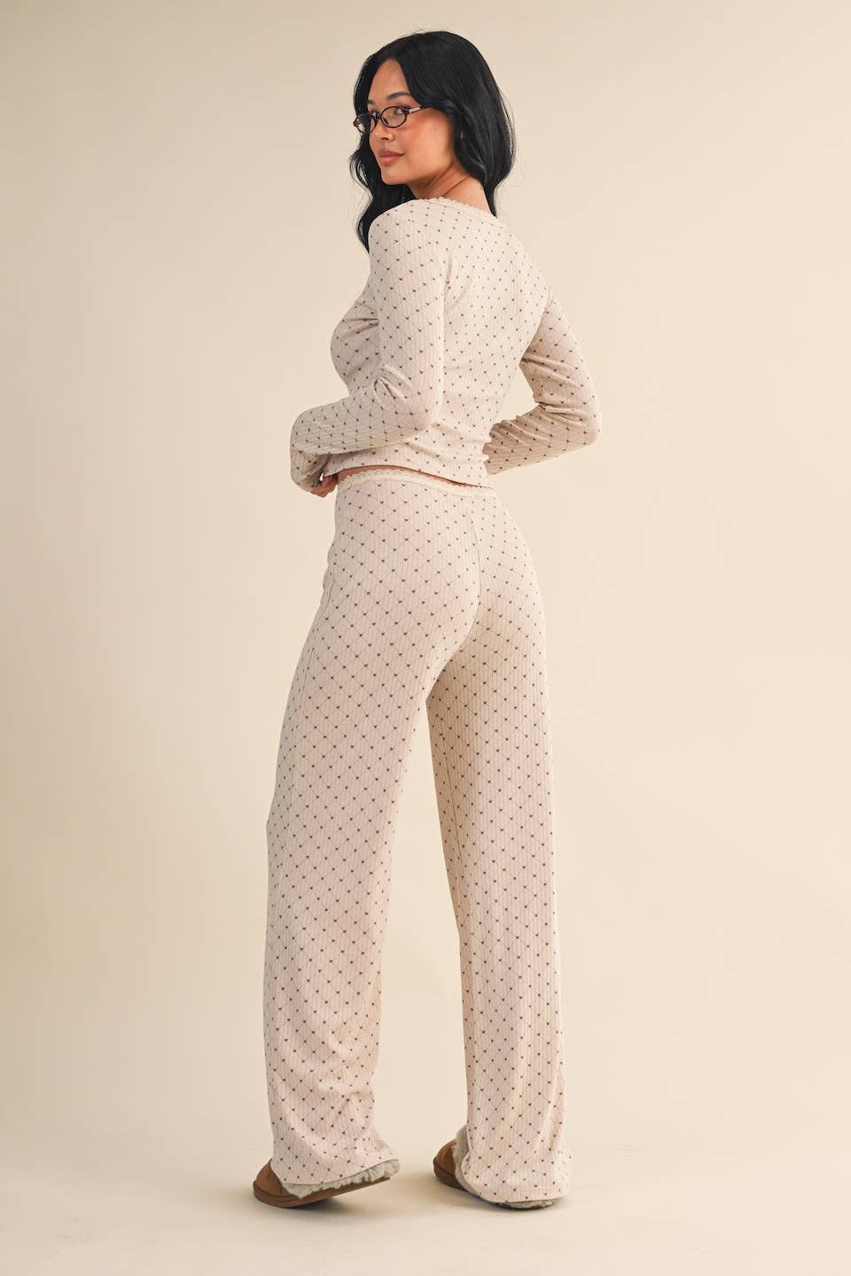 Heart Print Pointelle Lounge Set with Picot Lace Trim