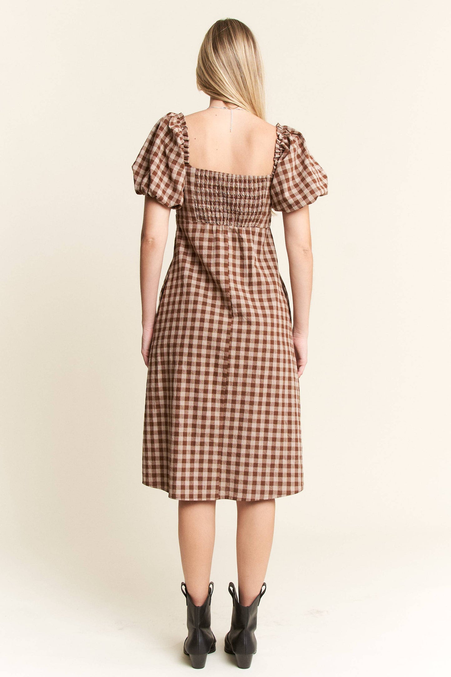 Gingham Print Puff Sleeve Dress